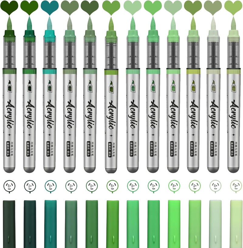 ZZWUAPT Green Acrylic Paint Pens,12 Color Paint Pen Markers,Brush Tip Paint Pens for Rock Painting Wood Glass Ceramic Canvas Stone DIY Crafts Making Art Supplies - Image 2